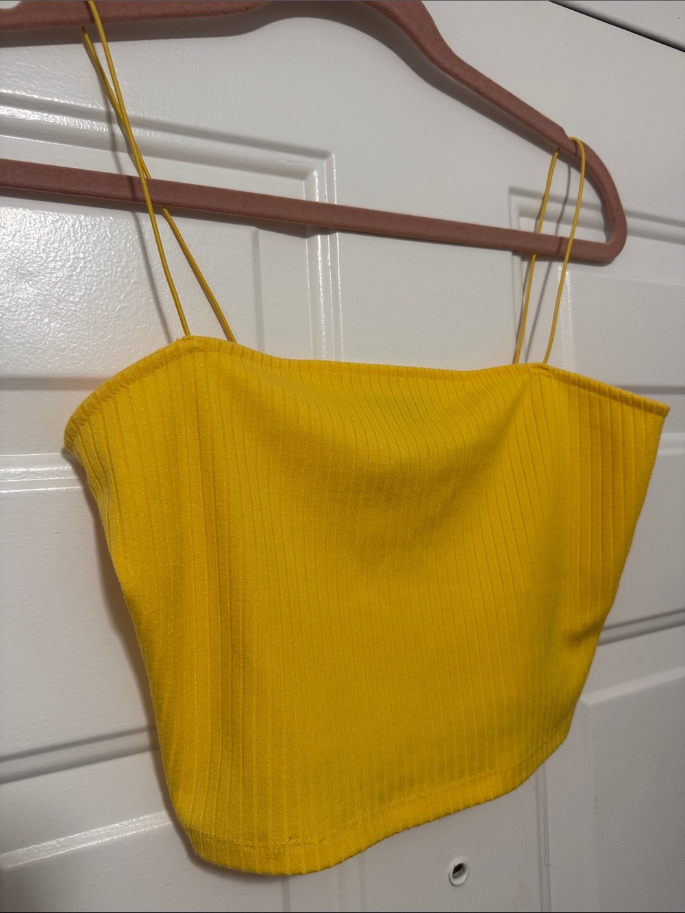 Yellow Ribbed Spaghetti-Strap Crop Top - Picture 2 of 9